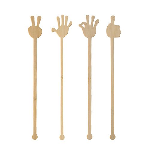 Pictured are four PAPSTAR 100 drink stirrers from PAPSTAR GmbH, each with a different hand shape at the tip. Made from biodegradable bamboo "pure," these stirrers are environmentally friendly and feature long, straight handles.