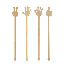 Pictured are four PAPSTAR 100 drink stirrers from PAPSTAR GmbH, each with a different hand shape at the tip. Made from biodegradable bamboo "pure," these stirrers are environmentally friendly and feature long, straight handles.