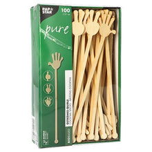 PAPSTAR 100 drink stirrers, bamboo "pure" by PAPSTAR GmbH: 100 environmentally friendly, biodegradable bamboo sticks (21 cm), hand-shaped at one end, in a green box – bio-based and sustainable.