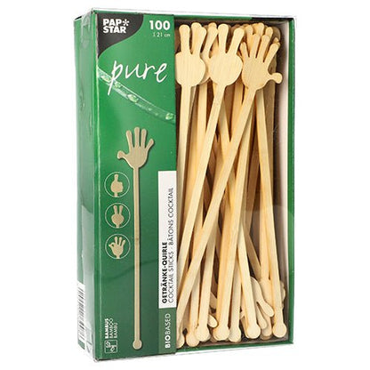 PAPSTAR 100 drink stirrers, bamboo "pure" by PAPSTAR GmbH: 100 environmentally friendly, biodegradable bamboo sticks (21 cm), hand-shaped at one end, in a green box – bio-based and sustainable.
