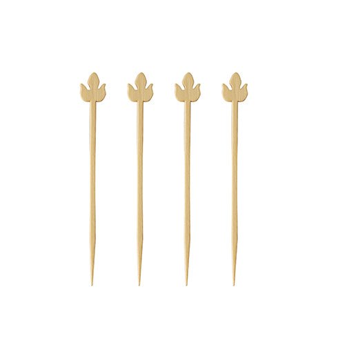 PAPSTAR 100 finger food picks "pure" from PAPSTAR GmbH made of high-quality plastic with a pointed end and decorative fleur-de-lis design, ideal for parties and events, arranged vertically on a white background.