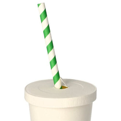 In the PAPSTAR lid for drinking cups, round Ø 8 cm, white, cardboard | foil (50 pieces) of PAPSTAR GmbH, a green-white striped paper straw is inserted into a white disposable cup, which stands against a plain white background.
