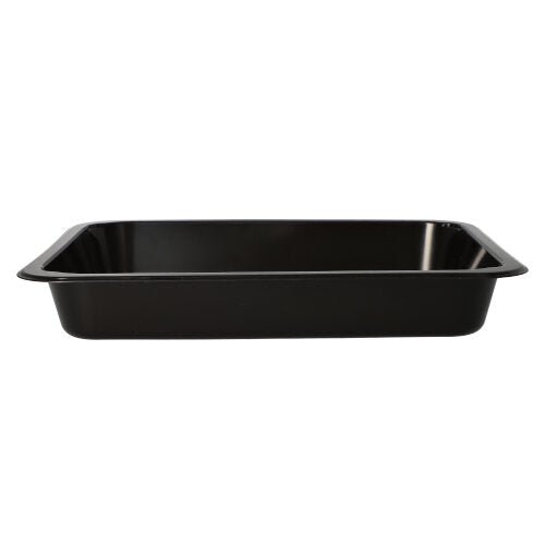A black, rectangular Starpak 50 microwave dish made of polypropylene with beveled sides, microwave safe, shown from the side against a white background.