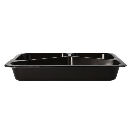 The Starpak 50 microwave dishes, PP are a black, rectangular food dish made of polypropylene with three compartments, shown in side view against a white background – perfect as reusable microwave dishes.