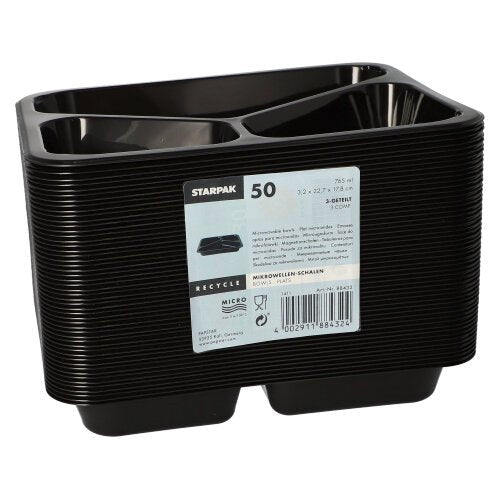 A stack of black Starpak 50 microwave dishes made of polypropylene with divided compartments, reusable and marked with a light blue label with product info and barcode from the brand Starpak.