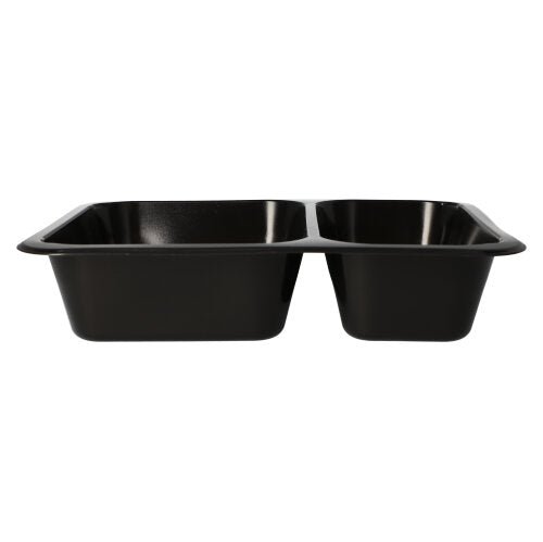 A black, rectangular Starpak 50 microwave tray, PP tray with two equally sized compartments, side view on a white background. Perfect reusable microwave container from Starpak for easy meal preparation or food storage.