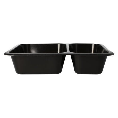 A black, rectangular Starpak 50 microwave tray, PP tray with two equally sized compartments, side view on a white background. Perfect reusable microwave container from Starpak for easy meal preparation or food storage.