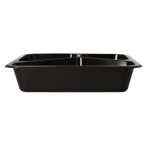 The Starpak 50 microwave dishes, PP are black food dishes made of polypropylene with two compartments, shown from the side on a white background; ideal as reusable microwave dishes.