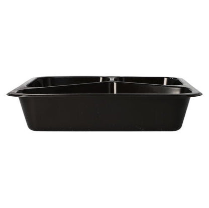 The Starpak 50 microwave dishes, PP are black food dishes made of polypropylene with two compartments, shown from the side on a white background; ideal as reusable microwave dishes.