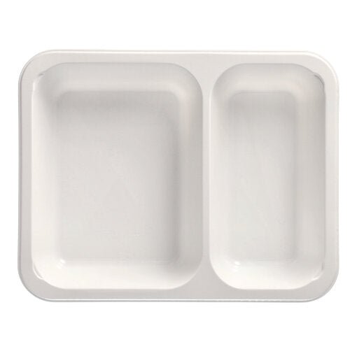 The Starpak 50 microwave trays, PP are a white, rectangular disposable food tray from Starpak with two compartments: a larger left area and a smaller right area.