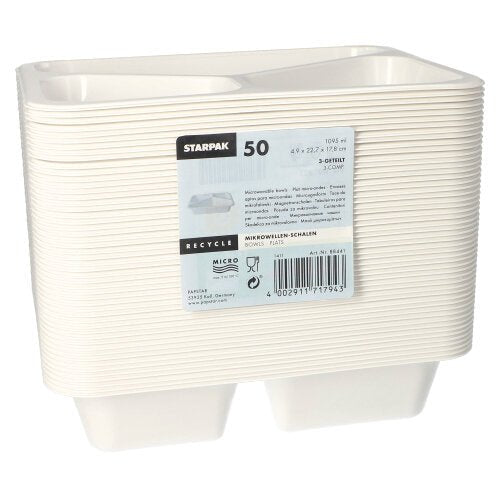 A stack of 50 Starpak microwave dishes (PP), each with a partition, with the brand "Starpak" on a gray sticker with recycling information and a barcode on the front; made from reusable polypropylene.