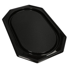 Starpak's Starpak 10 serving platters are black, octagonal PET trays with a glossy finish, a textured oval center, and smooth, raised edges—perfect for stylishly presenting food at catering events.