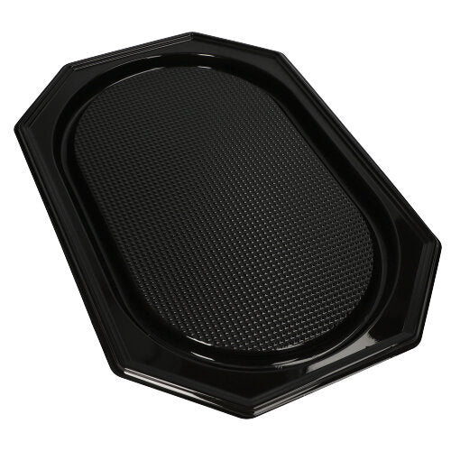 Starpak's Starpak 10 serving platters are black, octagonal PET trays with a glossy finish, a textured oval center, and smooth, raised edges—perfect for stylishly presenting food at catering events.