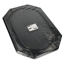 A stack of black, octagonal Starpak 10 serving plates made of PET, shrink-wrapped in clear plastic with a label in the center—perfect for catering events.