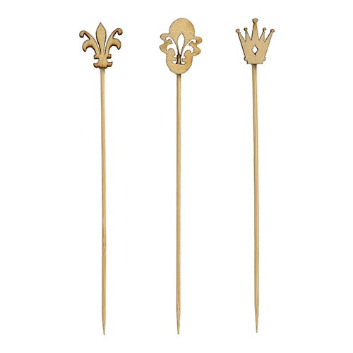 The PAPSTAR 100 finger food picks "pure" from PAPSTAR GmbH are bright, made of high-quality plastic, tapering, and ideal for parties or events – decoratively adorned with fleur-de-lis, shield, and crown.