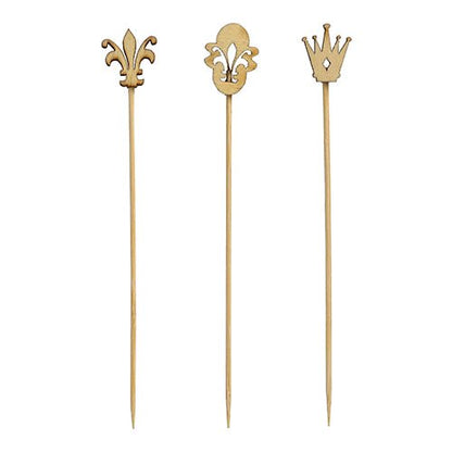 The PAPSTAR 100 finger food picks "pure" from PAPSTAR GmbH are bright, made of high-quality plastic, tapering, and ideal for parties or events – decoratively adorned with fleur-de-lis, shield, and crown.