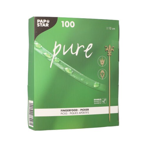 A green box from PAPSTAR GmbH with the inscription "100 finger food – picks pure" contains 100 picks (each 12 cm), perfect for parties, with stylized bamboo stick and product icons on the front.