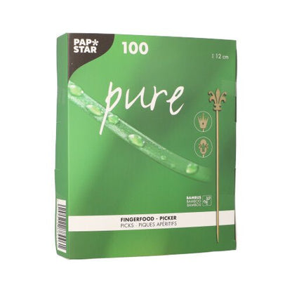 A green box from PAPSTAR GmbH with the inscription "100 finger food – picks pure" contains 100 picks (each 12 cm), perfect for parties, with stylized bamboo stick and product icons on the front.