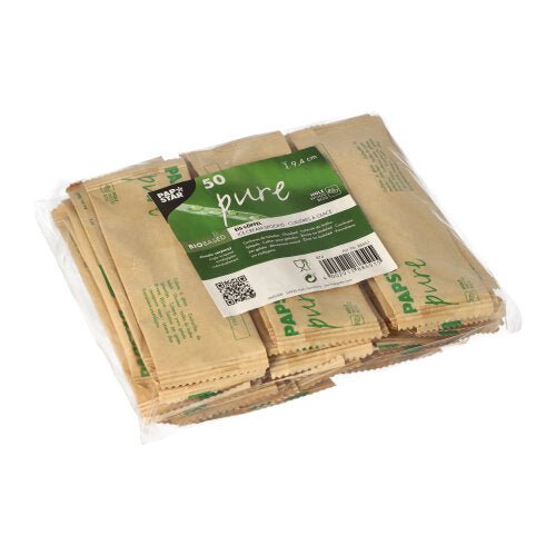 A transparent packaging from PAPSTAR GmbH contains 50 "pure" wooden ice cream spoons (9.4 cm), individually wrapped in paper or shrink wrap, with product information and a QR code on the eco-friendly label.