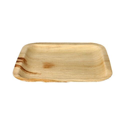 The PAPSTAR 25 plate palm leaf "pure" from PAPSTAR GmbH is a rectangular, flat plate made of natural palm leaf with visible grain and a slightly raised edge. Ideal as eco-friendly tableware for special occasions. The background is plain white.