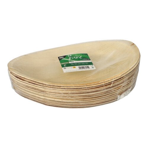A stack of PAPSTAR 25 plates, palm leaf "pure" by PAPSTAR GmbH - oval, environmentally friendly, biodegradable and in clear plastic packaging with a green-white label.