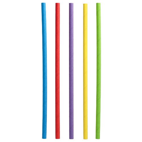 Five PAPSTAR 500 shake straws paper Ø 8 mm · 25 cm from PAPSTAR GmbH in the colors blue, red, purple, yellow, and green stand vertically next to each other from left to right on a white background.