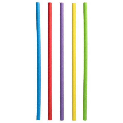 Five PAPSTAR 500 shake straws paper Ø 8 mm · 25 cm from PAPSTAR GmbH in the colors blue, red, purple, yellow, and green stand vertically next to each other from left to right on a white background.