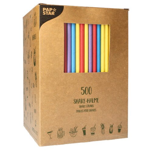 Through a window, a brown box with 500 PAPSTAR paper shake drinking straws (8 mm × 25 cm) is visible. The logo of PAPSTAR GmbH can be seen in the top left, with symbols and text printed on the front and side.