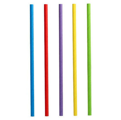Five PAPSTAR 100 shake straws made of paper (Ø 8 mm) from PAPSTAR GmbH in blue, red, purple, yellow, and green stand upright next to each other against a white background.