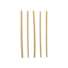 Five straight, uncooked bucatini noodles stand upright and evenly spaced on a plain white background, similar to the PAPSTAR GmbH cocktail straws "pure" 4 mm x 15 cm environmentally friendly from the dispenser box (250 pieces) laid side by side.