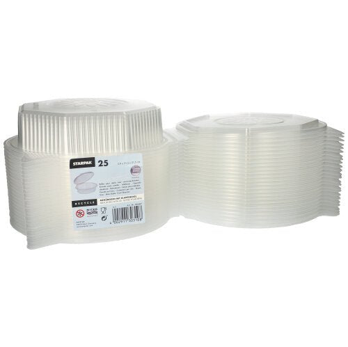 Two stacks of Starpak 25 menu boxes with hinged lids, PP transparent and octagonal (5.9 x 21.5 x 21.5 cm) are shown side by side. Ideal for food storage or serving meals at any event.