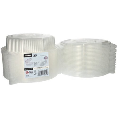 Two stacks of Starpak 25 menu boxes with hinged lids, PP transparent and octagonal (5.9 x 21.5 x 21.5 cm) are shown side by side. Ideal for food storage or serving meals at any event.