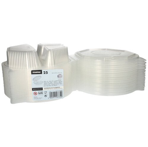 A set of 25 Starpak menu boxes, PP transparent and octagonal (5.9 x 21.5 x 21.5 cm), with hinged lids. Ideal for food storage; The product label is visible on the packaging.