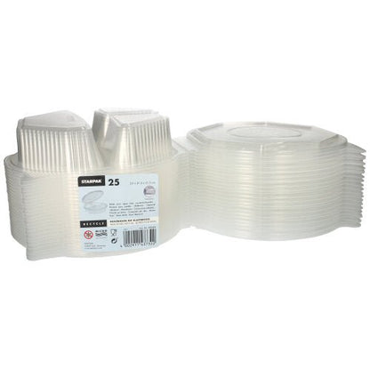 A set of 25 Starpak menu boxes, PP transparent and octagonal (5.9 x 21.5 x 21.5 cm), with hinged lids. Ideal for food storage; The product label is visible on the packaging.