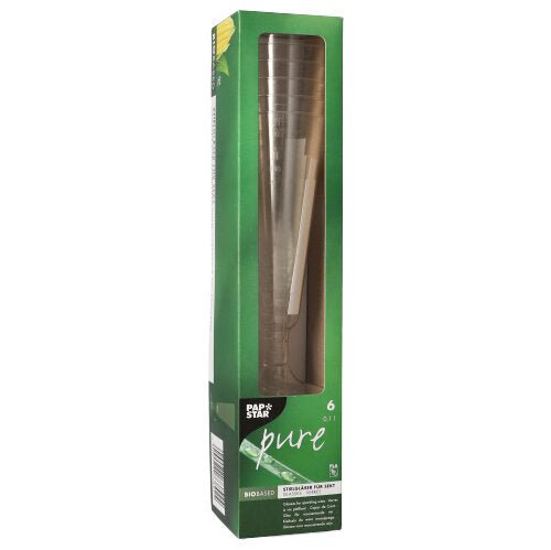 A green box with the inscription PAPSTAR sparkling wine glasses PLA "pure" contains six clear, 16.5 cm high eco-friendly glasses. On the front, the brand PAPSTAR GmbH and product details are depicted in white lettering, with a window offering a view of the crystal-clear stem glasses inside.