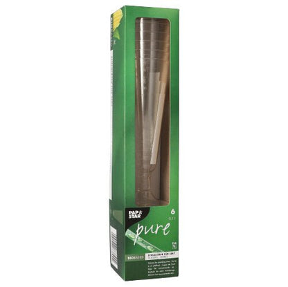 A green box with the inscription PAPSTAR sparkling wine glasses PLA "pure" contains six clear, 16.5 cm high eco-friendly glasses. On the front, the brand PAPSTAR GmbH and product details are depicted in white lettering, with a window offering a view of the crystal-clear stem glasses inside.