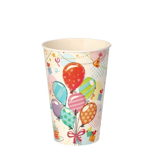 The PAPSTAR GmbH offers 10 eco-friendly cardboard drinking cups (0.2 L, Ø 7 cm, 9.7 cm) with colorful balloons, gifts, and festive motifs on a light background.