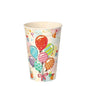 The PAPSTAR GmbH offers 10 eco-friendly cardboard drinking cups (0.2 L, Ø 7 cm, 9.7 cm) with colorful balloons, gifts, and festive motifs on a light background.