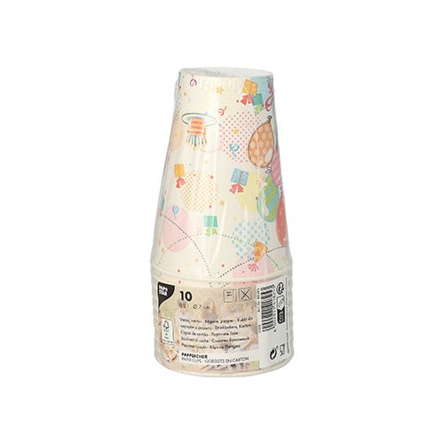 A stack of 10 PAPSTAR cardboard drinking cups (0.2 L, Ø7 cm · 9.7 cm) from PAPSTAR GmbH with balloon and dragon design, packaged in foil with product information and recycling symbols – ideal for parties.