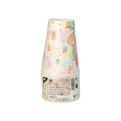 A stack of 10 PAPSTAR cardboard drinking cups (0.2 L, Ø7 cm · 9.7 cm) from PAPSTAR GmbH with balloon and dragon design, packaged in foil with product information and recycling symbols – ideal for parties.
