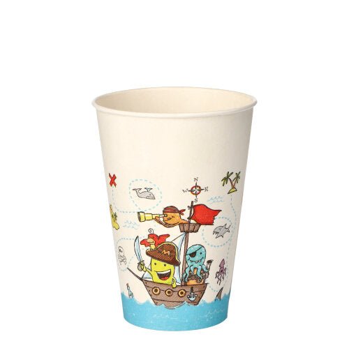 The PAPSTAR cardboard drinking cups (0.2 L, Ø 7 cm, 9.7 cm) from PAPSTAR GmbH feature colorful cartoon sea creatures as pirates on a ship – perfect for parties with maritime illustration.