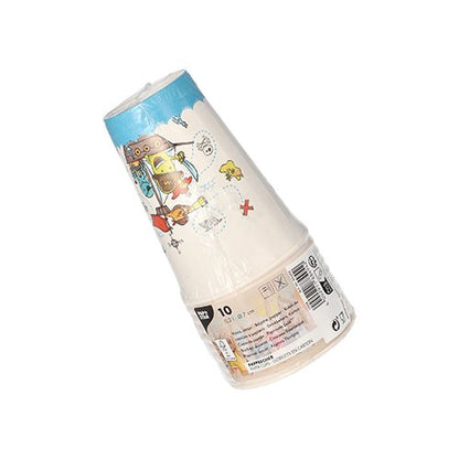A stack of colorful PAPSTAR 10 cardboard drinking cups (0.2 L, Ø 7 cm x 9.7 cm) from PAPSTAR GmbH, packaged in foil and provided with barcode label. The set includes ten eco-friendly disposable cups.