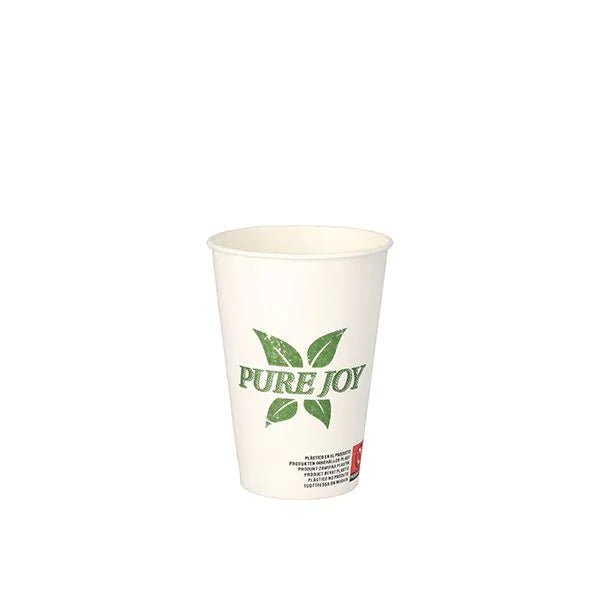 A PAPSTAR 50 drinking cups, cardboard 0.2 l from PAPSTAR GmbH stands upright on a white base. The cup is white with "PURE JOY" in green letters and a leaf motif behind the words.