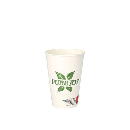 A PAPSTAR 50 drinking cups, cardboard 0.2 l from PAPSTAR GmbH stands upright on a white base. The cup is white with "PURE JOY" in green letters and a leaf motif behind the words.
