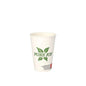 A PAPSTAR 50 drinking cups, cardboard 0.2 l from PAPSTAR GmbH stands upright on a white base. The cup is white with "PURE JOY" in green letters and a leaf motif behind the words.