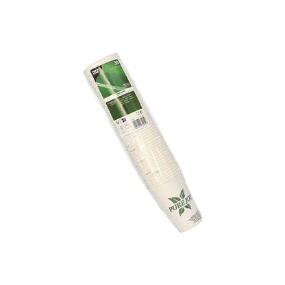 A stack of PAPSTAR GmbH 50 drinking cups, cardboard 0.2 l disposable cups in white is packaged in a "PURE JOY" plastic packaging with a green label with product information and barcode.