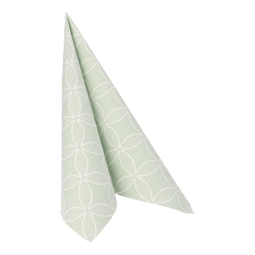 A "ROYAL Collection" napkin of PAPSTAR GmbH 50 napkins, green, 40 x 40 cm, with a white geometric circle pattern is depicted folded into a standing cone on a white background.