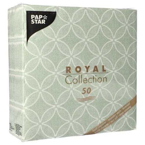 A pack of 50 PAPSTAR napkins "ROYAL Collection" 1/4-fold, 40 x 40 cm, green from PAPSTAR GmbH, with a white geometric pattern and gold and white lettering on the front.