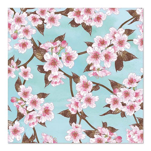 The PAPSTAR GmbH 20 napkins, 33 cm x 33 cm, 3-ply (design set 5), feature pink cherry blossoms with brown branches and leaves on a light blue background, printed all over the napkin.