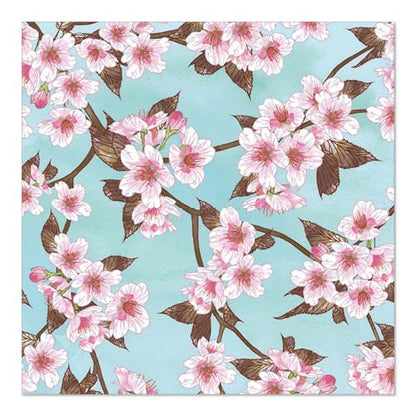 The PAPSTAR GmbH 20 napkins, 33 cm x 33 cm, 3-ply (design set 5), feature pink cherry blossoms with brown branches and leaves on a light blue background, printed all over the napkin.
